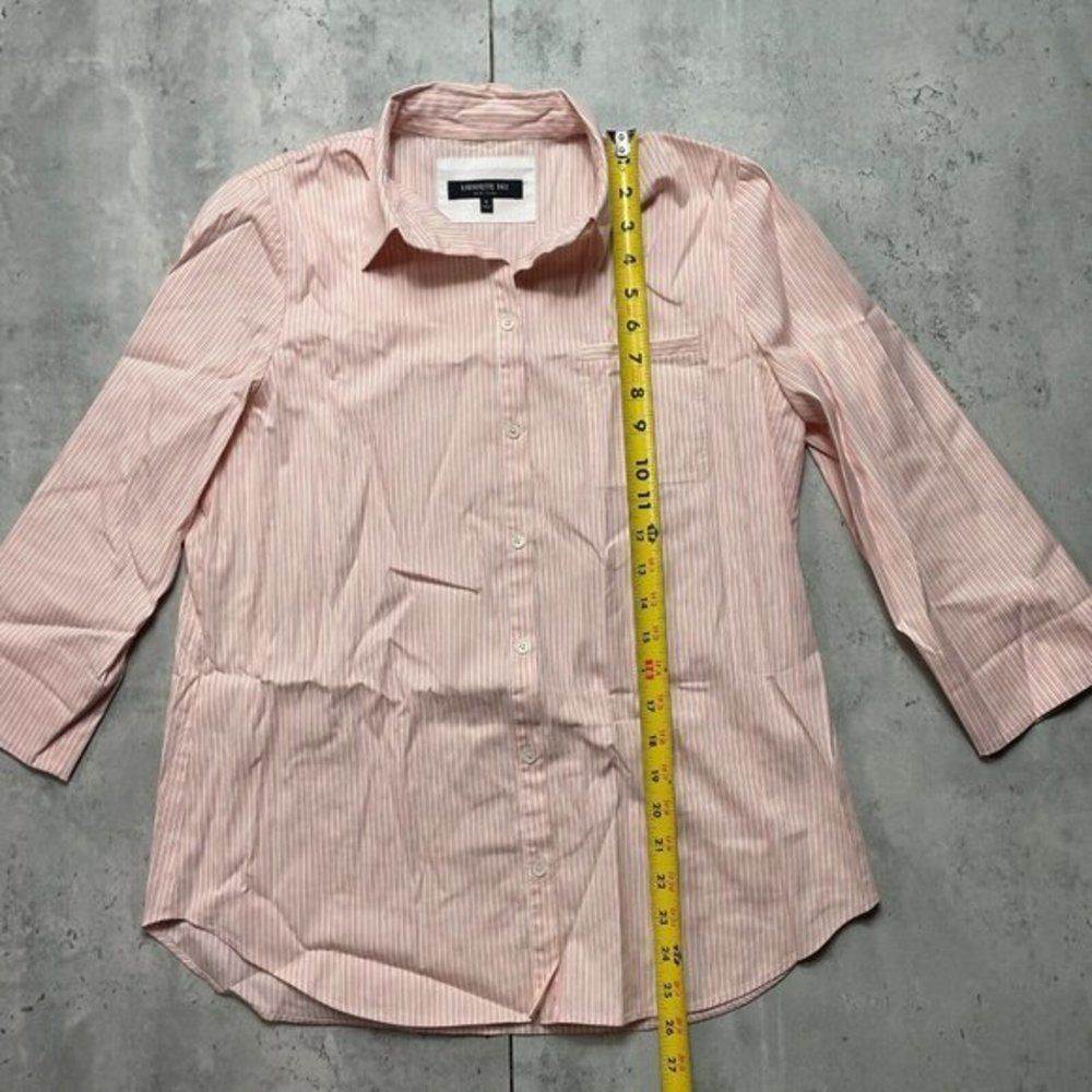 Lafayette 148 Orange White‎ Striped 3/4 Sleeve Button Front Stretch Shirt Sz S - Picture 6 of 7